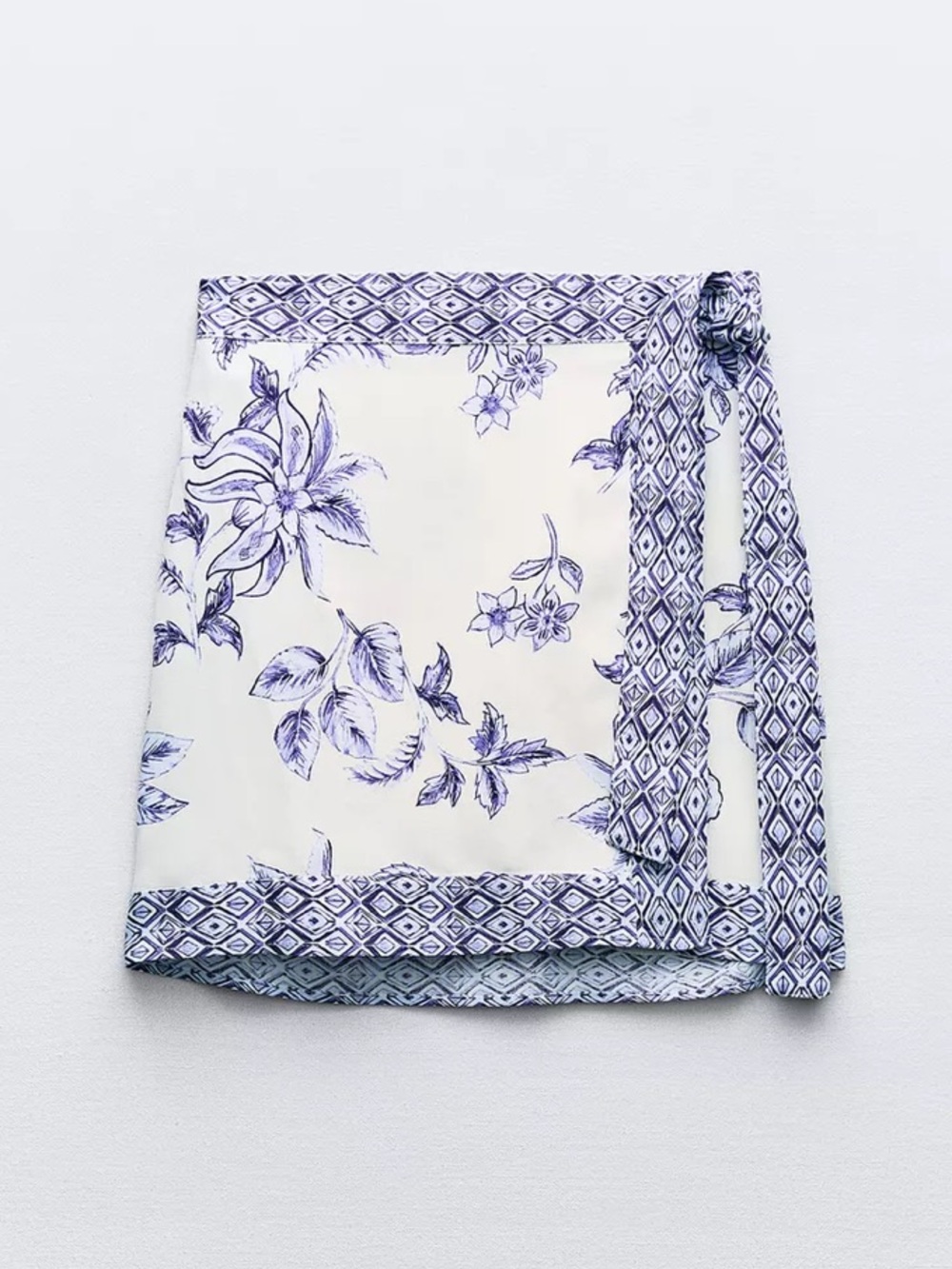 Zara White and Blue Floral Wrap Mini Skirt